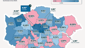 A map showing the London Boroughs where small businesses are thriving. Camden is the borough with the largest year on year growth of 4.01%